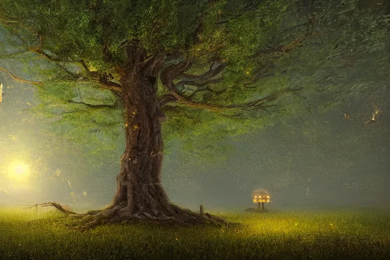 Image similar to masterpiece painting, a giant wooden owl scupted in an oak, fireflies cloud illuminating an old antic oak forest at night, spiral movement, peaceful scene, light fog, 8 k octane render, atmospheric effects, by jean hugo, motion blur, artstation, deviantart