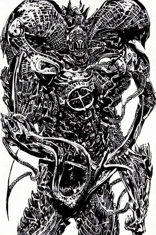 Image similar to the guyver from bio - booster armor guyver 強 殖 装 甲 カイハ as a d & d monster, pen - and - ink illustration, etching, by russ nicholson, david a trampier, larry elmore, 1 9 8 1, hq scan, intricate details, high contrast