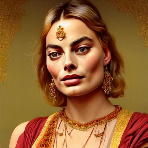 Prompt: beautiful portrait of margot robbie wearing assamese mekhela sleeveless silk saree, fantasy, intricate, elegant, highly detailed, digital painting, artstation, concept art, smooth, sharp focus, luxury fashion illustration, art by artgerm and greg rutkowski and alphonse mucha, brightly lit cinematic soft lighting, photorealistic, assam tea village background