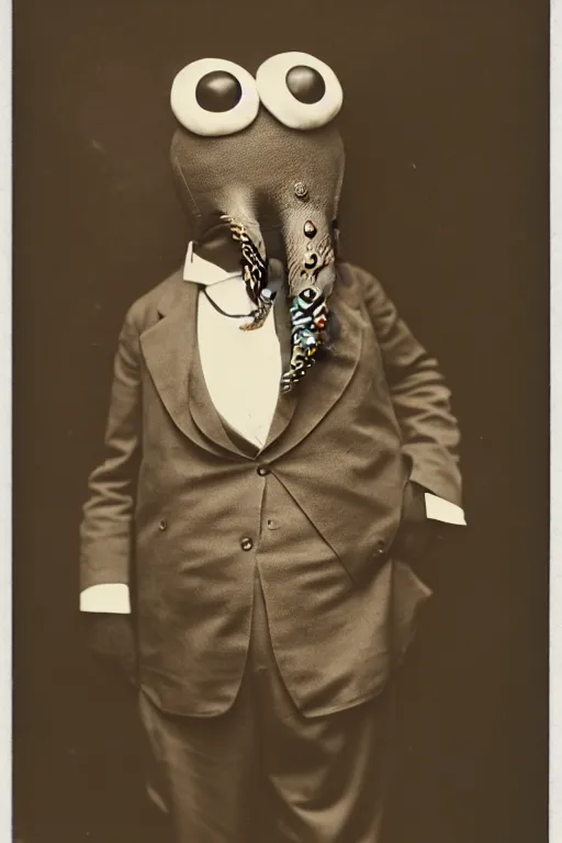 Image similar to anthropomorphic octopus , wearing a suit, tentacles spilling out of the collar, vintage photograph, sepia