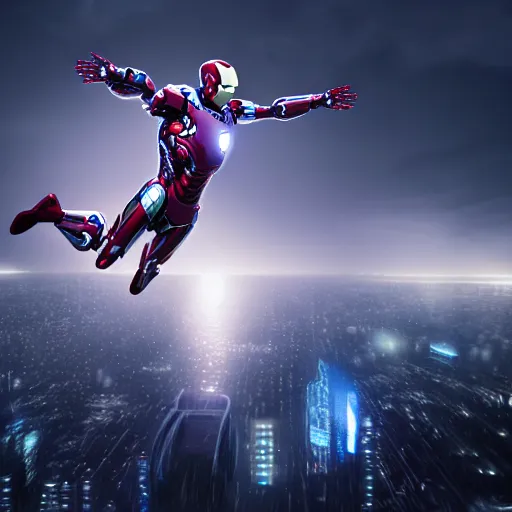 Image similar to A hyperdetailed photograph of a silver suit Iron Man flying through the skies of a cyberpunk, futuristic city, night, dense fog, rain, HD, 8K resolution