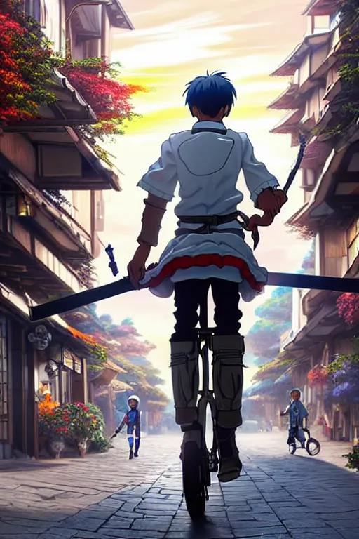 Image similar to ultra detailed keyart of sci - fy movie, a boy carrying a sword in his back is riding a simple bycycle in the main street of isekai shinjuku