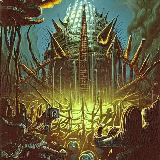 Image similar to Artwork by Tim White of The Chitine King Hian the Demigod, master of Ice, and their hateful haunting of steam mephits and horrifying balors, who plan to take revenge on the party for a perceived wrong done to them long ago.