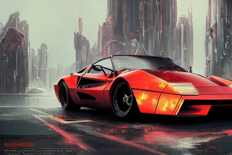 Image similar to luxury cyberpunk Ferrari 288 GTO, highly detailed, digital painting, artstation, concept art, sharp focus, illustration, art by artgerm and greg rutkowski and alphonse mucha