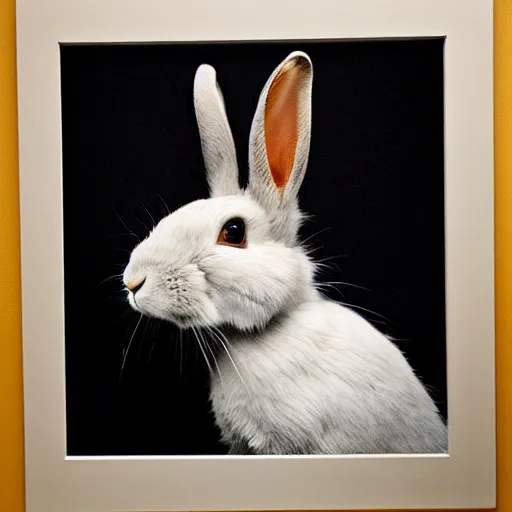 Prompt: profile portrait of a rabbit looking in a mirror, dark room, top lit