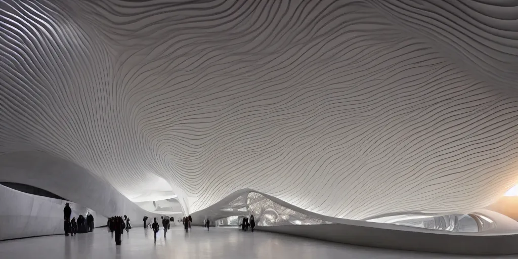 Prompt: extremely detailed awe stunning beautiful futuristic smooth curvilinear elegant museum interior by zaha hadid, translucent gills, stunning volumetric light, stainless steel, concrete, translucent material, beautiful sunset, hyper real, 8k, colorful, 3D cinematic volumetric light, atmospheric light