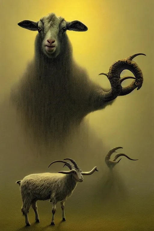 Image similar to painting of hybrid between human andy milonakis and a goat, by zdzislaw beksinski, by tiffany bozic, cold hue's, warm tone gradient background, concept art, beautiful composition, digital painting