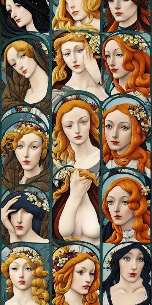 Image similar to the 12 months of the year as 12 figures, (3 are Winter, 3 are Spring, 3 are Summer and 3 are Autumn), in a mixed style of Botticelli and Æon Flux!!, inspired by pre-raphaelite paintings and shoujo manga, stunningly detailed, stunning inking lines, flat colors, 4K photorealistic