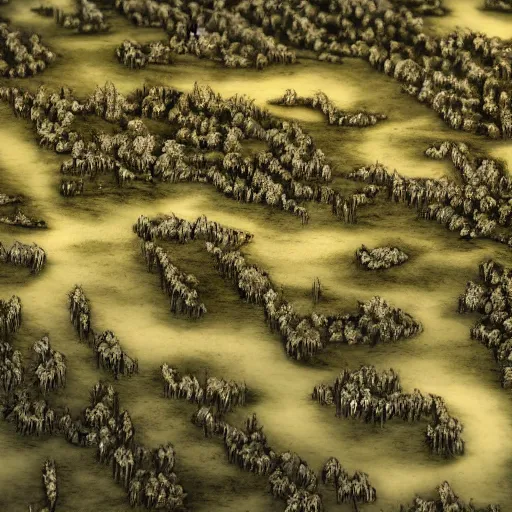 Image similar to serene landscape with a river in the style of a warhammer 4 0 k battlefield, tiltshift view