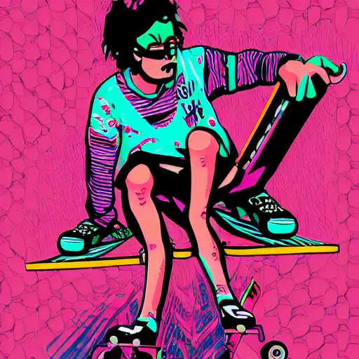 Prompt: skaterwave aesthetic, skateboards, roller skating, suburban neighborhoods, punk and alternative rock music, street activities, surreal and nostalgic expression of the skater theme implies some musical aspects, digital art