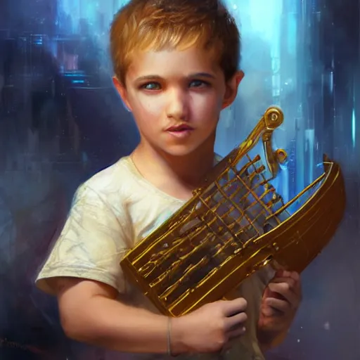 Image similar to stunning portrait of 3yo greek argonaut Orpheus playing the golden lyre, painting by Raymond Swanland, cyberpunk, sci-fi cybernetic implants hq