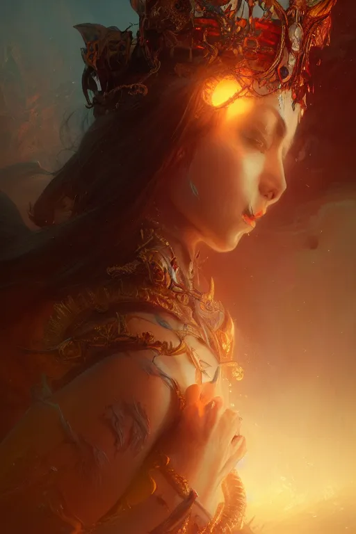 Image similar to attractive demon queen, close - up portrait, intricate, elegant, volumetric lighting, scenery, digital painting, highly detailed, artstation, sharp focus, illustration, concept art, gaston bussiere, ruan jia, steve mccurry