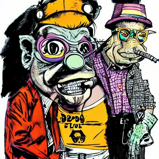 Image similar to Bebop and Rocksteady as Raoul Duke and Doctor Gonzo from Fear and Loathing in Las Vegas. Drawn by Ralph Steadman