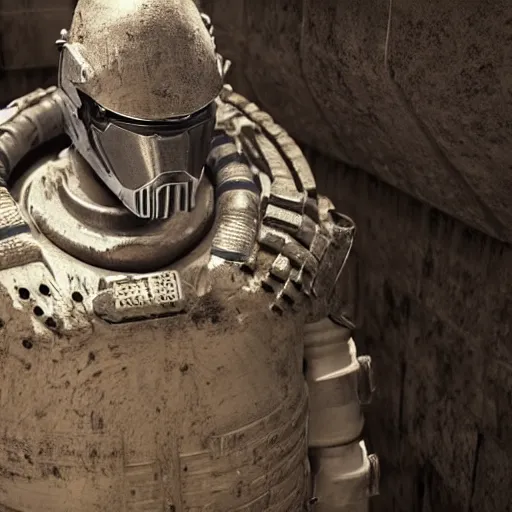 Image similar to cinematic shot of john mccain wearing futuristic armor in a sewer, very detailed, very intricate,