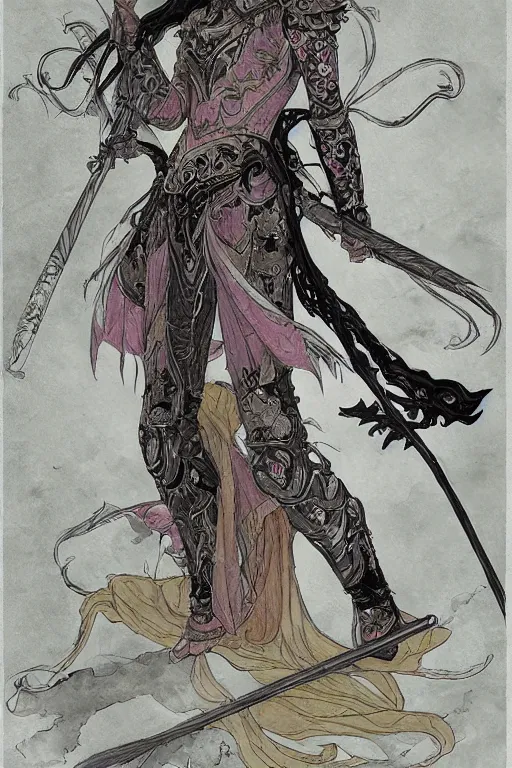 Prompt: female changeling in floral - patterned light armor, wielding a decorated pole weapon halberd, barefoot in sandals, wearing noh theatre mask, capricious, energetic, provocative, realistic proportions, reasonable fantasy, in the style of dnd illustrations, tabletop rpg.
