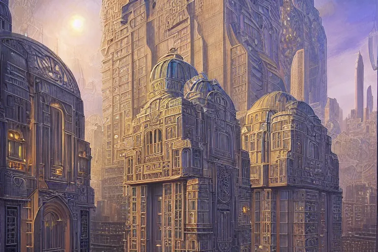 Prompt: beautiful painting of an art deco city, glowing windows. reflective detailed textures, elaborate geometric ornament and brushed steel, highly detailed dark fantasy science fiction painting by donato giancola and peter mohrbacher and nicholas roerich and diego rivera, silver and cool colors. artstation