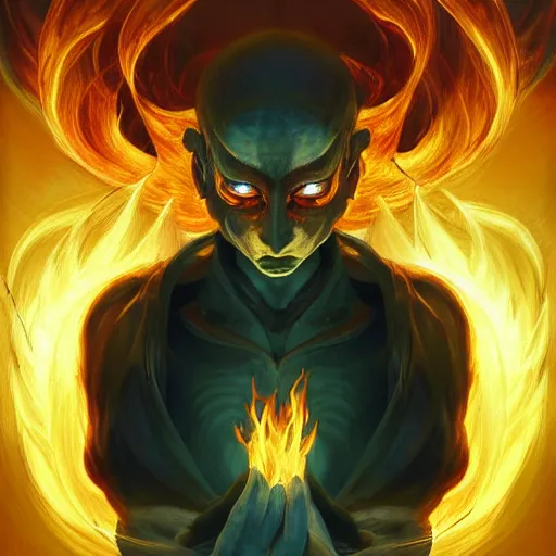 Image similar to male japanese fire elemental, ghostly form, transparent, embodiment of fire, comic book thick outline, gta art, demon summoning magic d & d, highly detailed, digital painting, artstation, concept art, sharp focus, illustration, cinematic lighting, art by artgerm and greg rutkowski and alphonse mucha