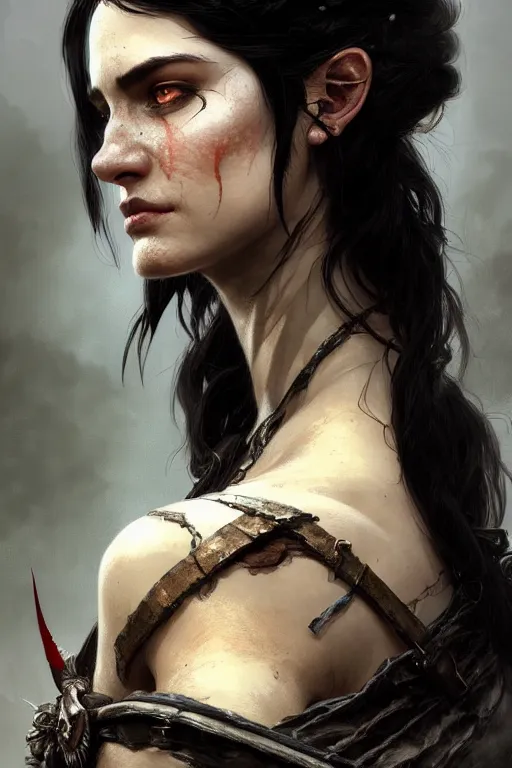 Prompt: portrait of a black haired woman in the style of god of war, rugged torn clothes, intricate, elegant, highly detailed, digital painting, artstation, concept art, smooth, sharp focus, illustration, art by artgerm and greg rutkowski and alphonse mucha, 8 k