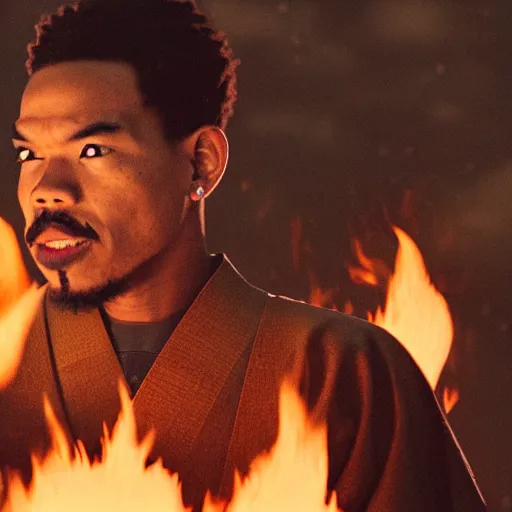 Image similar to cinematic film still of Chance The Rapper starring as a Samurai holding fire, Japanese CGI, VFX, 2022, 40mm lens, shallow depth of field, film photography