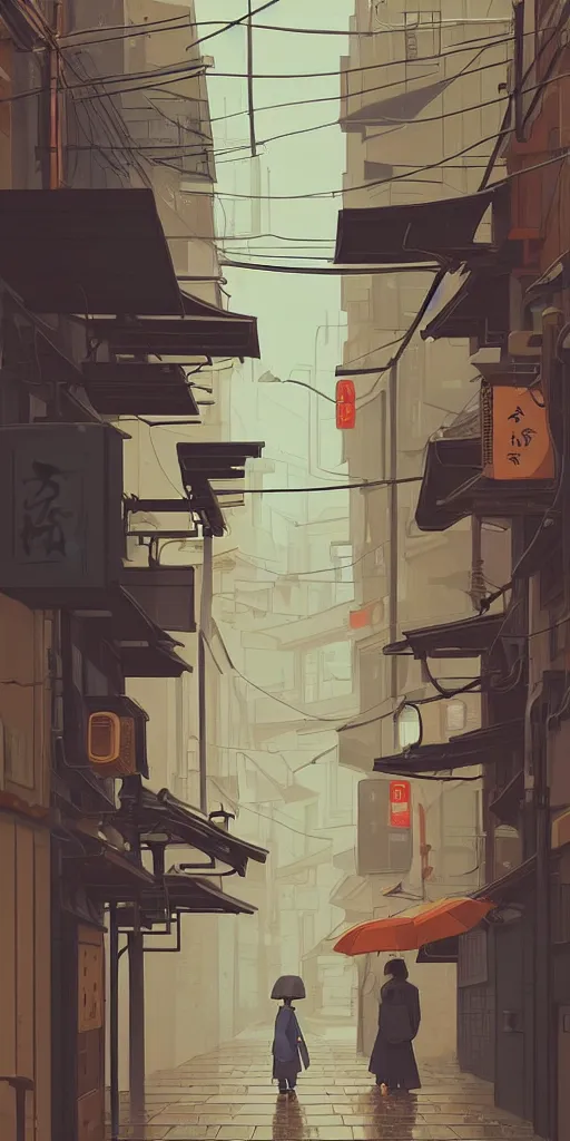 Image similar to tokyo alleyway, rainy day, scooter, by cory loftis, makoto shinkai, hasui kawase, james gilleard, beautiful, serene, peaceful, lonely, golden curve composition