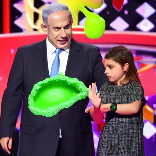 Image similar to benjamin netanyahu getting slimed at the kid's choice awards, sharp focus, highly detailed