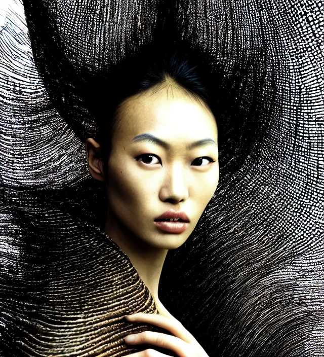 Prompt: photography face portrait of one female asian fashion model in rainforest, wearing one organic futurist shawl designed by iris van herpen,, creative colorfull - makeup, curly hair style half _ long, photography by paolo roversi nick knight, helmut newton, avedon, and araki, sky forest background, natural pose, highly detailed, skin grain detail