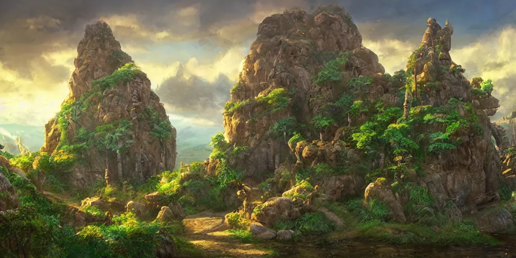 Image similar to sandstone castle, lush and beautiful concept art for the shire, floating rocks in the air, stone city, arabian nights, sand, golden sun, planets, lord of the rings, peter jackson, studio ghibli, detailed, realistic lighting, volumetric lighting, golden hour,