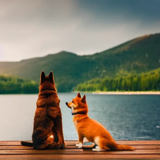 Prompt: a brown cat fist bumping a shiba inu on top of a wooden dock, in the background is a beautiful view of crystal clear water and a mountain range