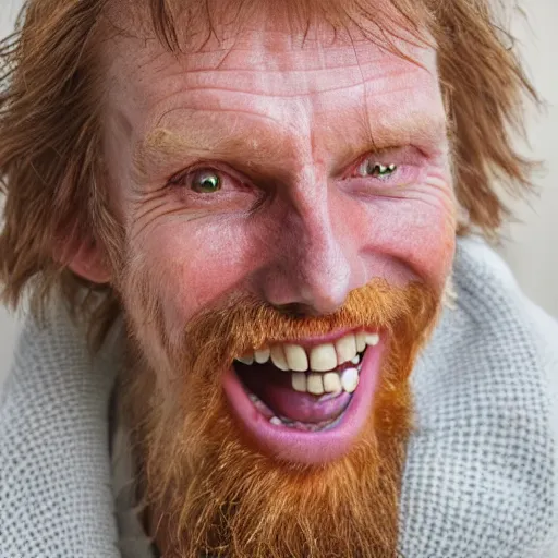 Prompt: photo of a 5 0 year old skinny tall ginger men with rotten stained big yellow teeth, ugly appearance, psoriasis disease, 8 5 mm, f / 1. 3