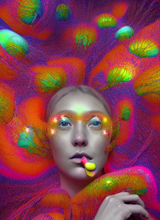 Prompt: hyper detailed 3d render like a Oil painting - Aurora (oil rainbow faced Singer) seen Eating of the Strangling network of yellowcake aerochrome and milky Fruit and Her delicate Hands hold of gossamer polyp blossoms bring iridescent fungal flowers whose spores black out the foolish stars by Jacek Yerka, Mariusz Lewandowski, Houdini algorithmic generative render, Abstract brush strokes, Masterpiece, Edward Hopper and James Gilleard, Zdzislaw Beksinski, Mark Ryden, Wolfgang Lettl, hints of Yayoi Kasuma, octane render, 8k