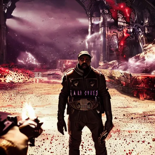 Image similar to Kanye West as willy wonka in gears of war, splash art, movie still, cinematic lighting, dramatic, octane render, long lens, shallow depth of field, bokeh, anamorphic lens flare, 8k, hyper detailed, 35mm film grain