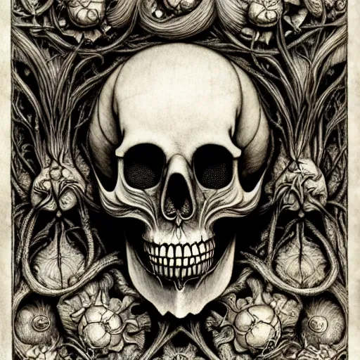 Image similar to memento mori by arthur rackham, art forms of nature by ernst haeckel, ultrasharp, photorealistic, hyperdetailed, octane render, polished, art nouveau, gothic, ornately carved antique bone beautiful skull mask dominant, intricate ornamental organic filigree, art nouveau botanicals, art forms of nature by ernst haeckel, horizontal symmetry, symbolist, visionary