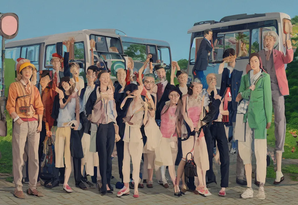 Image similar to full body portrait of a group, a row of a several european tourists getting off a tour bus, standing with a variety of poses and props, several character designs, sightseeing in rural japan, a detailed painting, in the style of wes anderson, lola dupre, david hockney, isolated on negative white space background dark monochrome neon spraypaint accents volumetric octane render