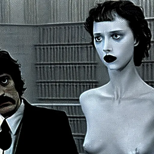 Image similar to a man and a robot in a moment of jealousy, movie still, Movie by Andrzej Zulawski and David Lynch