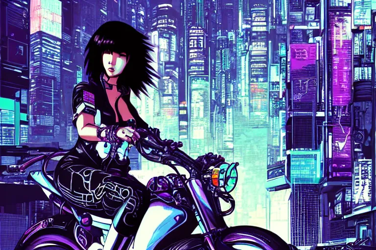 Prompt: motoko kusanagi riding a cyberpunk vehicle in a grungy cyberpunk megacity, intricate and finely detailed, cyberpunk vaporwave, by phil jimenez, ilya kuvshinov