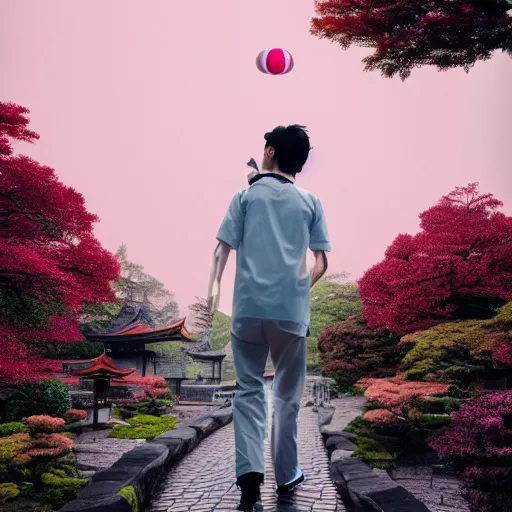 Image similar to a man walking on clouds away from the camera above kyoto by takashi murakami, beeple and james jean, aya takano color style, 4 k, super detailed, modern, 4 k, symmetrical