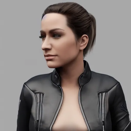 Prompt: a portrait of a female wearing a skintight leather jacket, trending on artstation, artstationhd, artstationhq, full body shot, cycles render, octane render, unreal engine, vray