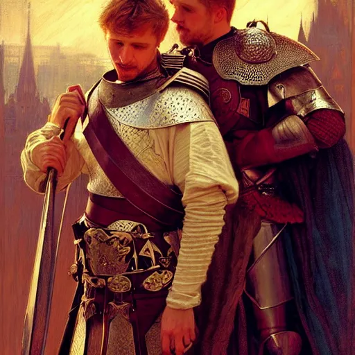 Image similar to attractive arthur pendragon and his attractive male knight, they are in love, natural lighting, path traced, highly detailed, high quality, digital painting, by gaston bussiere, craig mullins, alphonse mucha j. c. leyendecker