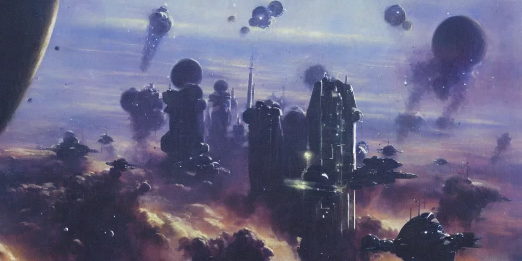 Image similar to a painting of low earth orbit space city under war by john harris.