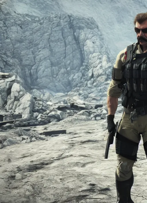 Image similar to film still of tom selleck as snake in metal gear solid the phantom pain, gameplay, 8 k, hd