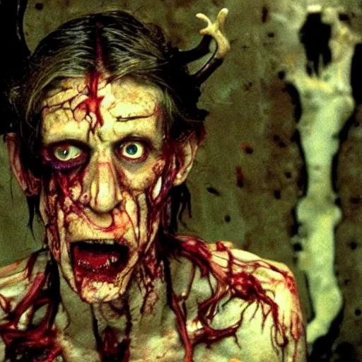 Image similar to ugly filthy gross fleshy raw meat zombie raven deer fox. David Cronenberg. Body horror style. 35mm.