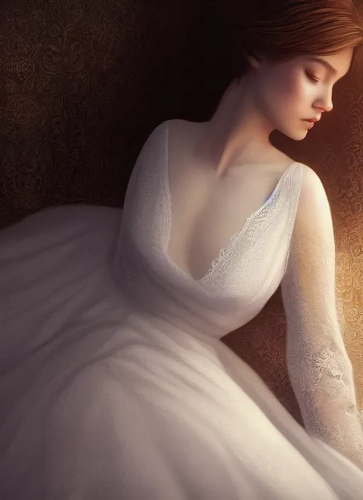 Prompt: young woman beautiful face : : sleeping lace white dress : : night home bed : : weta disney pixar movie still photo : : decadent highly - detailed digital painting, full length shot, golden ratio, octane render, artstation, smooth, sharp focus, artgerm, mucha, loish, wlop, gogo