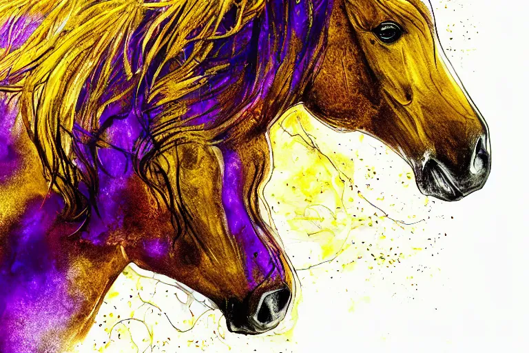 Prompt: beautiful serene horse, healing through motion, minimalistic golden and purple ink airbrush painting on white background