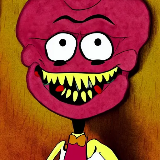 Prompt: freaky fred from courage the cowardly dog, big creepy smile, digital art, cartoon art,