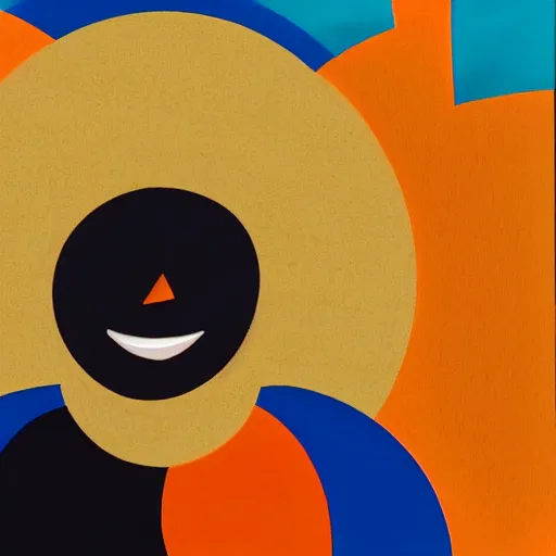 Image similar to abstract, and somewhat cubist. the central image is of a round, happy looking man, his hands spread wide. he smiles up towards an orange sun. the background is a dark, murky, blueish color. the effect is somewhat disturbing.