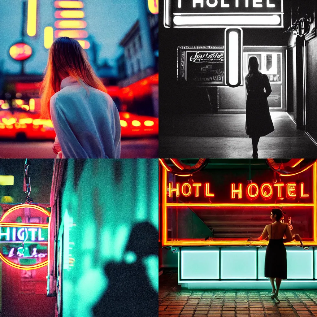 Prompt: A hyper realistic and detailed photography of a woman from the back. In the background there is a red neon sign that says HOTEL by Stephan Gladieu. Neo noir style. High quality. Cinematic. Extreme Swirly bokeh. Cinestill 800T film. Lens flare. Detailed.