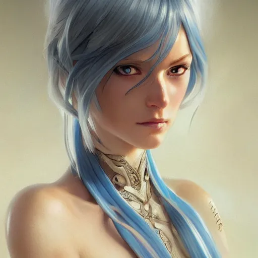 Image similar to ultra realistic illustration, aoc anime, intricate, elegant, white hair, blue eyes, cyborg, highly detailed, digital painting, artstation, concept art, smooth, sharp focus, illustration, art by artgerm and greg rutkowski and alphonse mucha