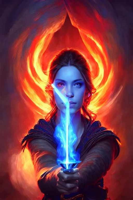 Image similar to Front portrait of mage hold a blue fire on right hand and red fire on the left hand, fine art, awesome fantasy book cover on Pinterest, award winning, dark fantasy landscape, fantasy magic, intricate, elegant, sharp focus, highly detailed, digital painting, concept art, art by WLOP and Artgerm and Greg Rutkowski, masterpiece, trending on artstation