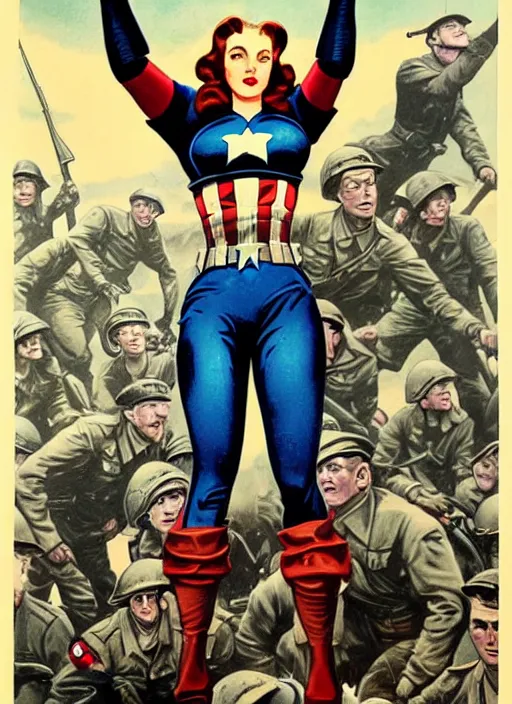 Image similar to beautiful female captain america standing on a pile of defeated german soldiers. feminist captain america wins wwii. american wwii propaganda poster by james gurney. gorgeous face. tactical gear. overwatch