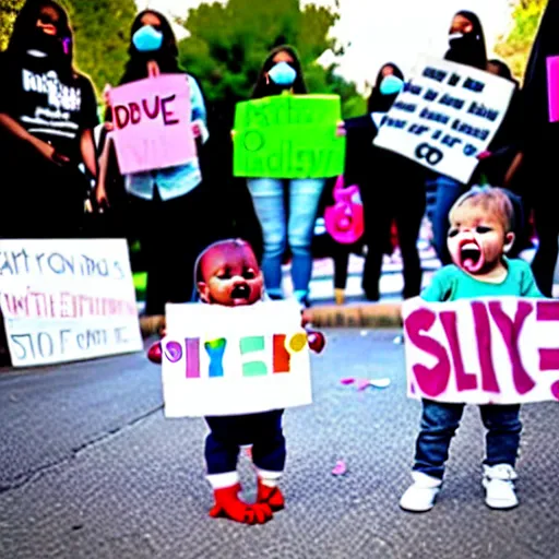 Image similar to babies protesting in front of a daycare center